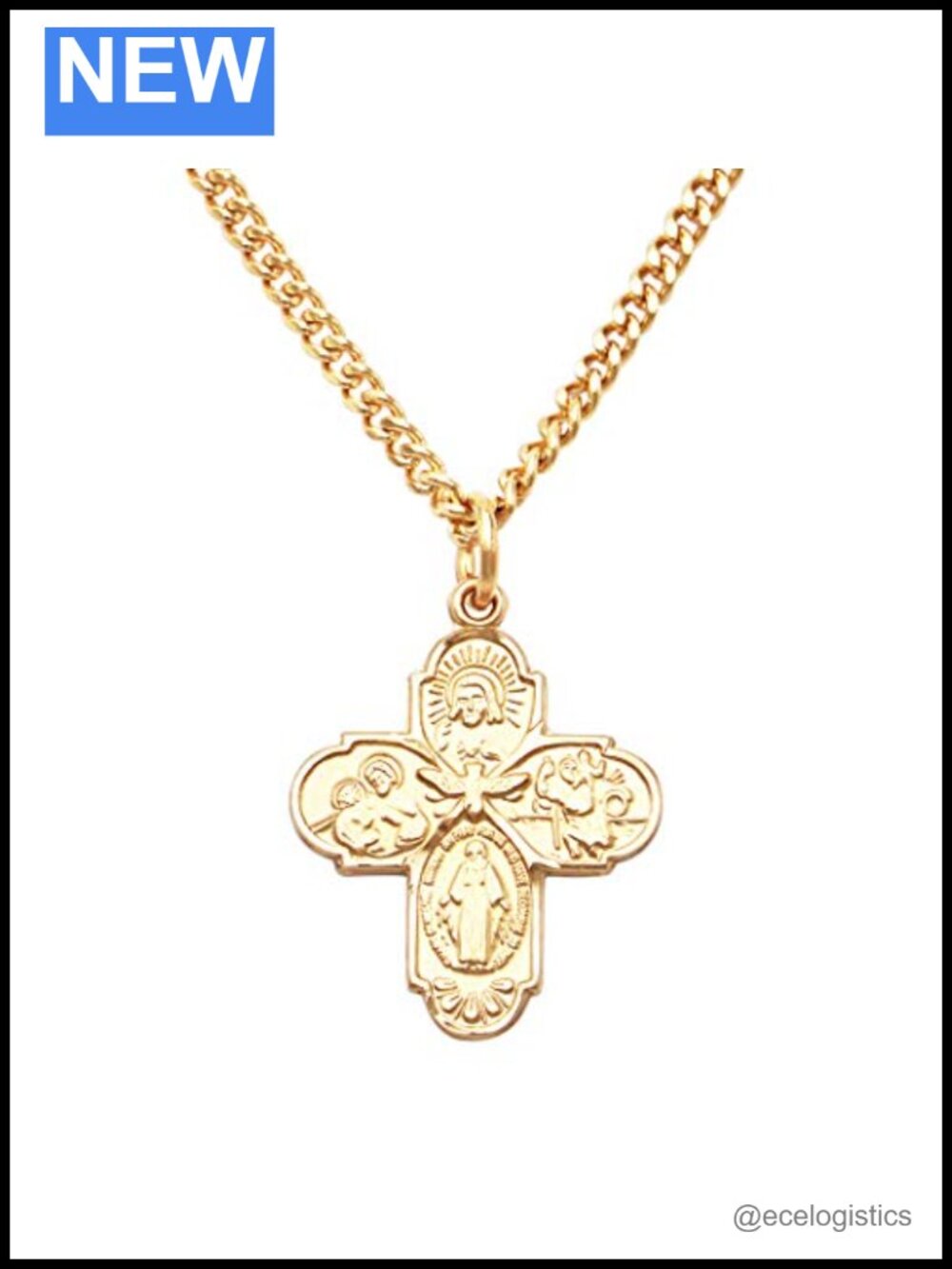 Four Way Cross Holy Spirit Pendant Necklace 18" 16K Gold Layered Sterling Silver